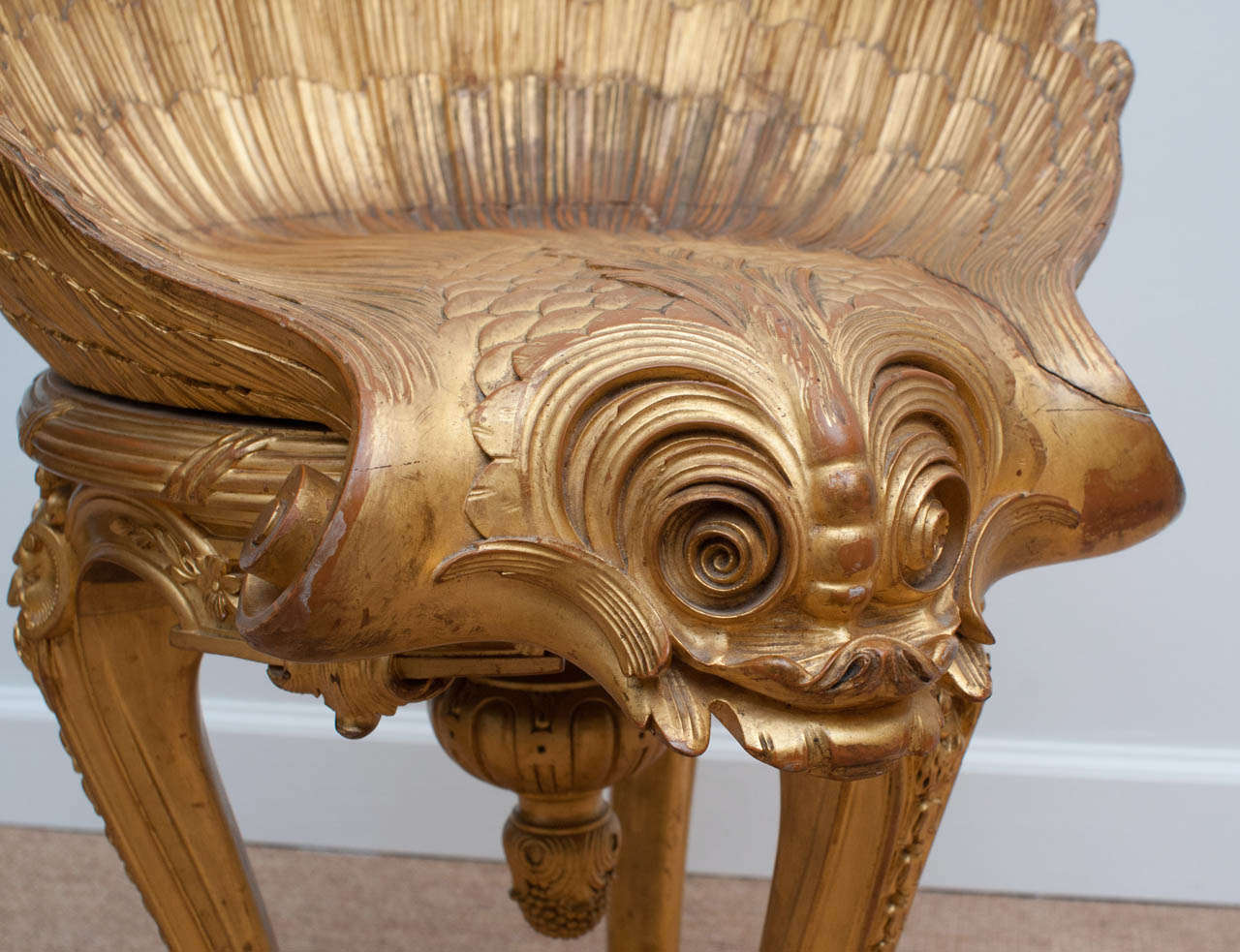 Imperial Russian Dolphin and Shell Carved Gilt Wood Harp Stool Circa 1900 1