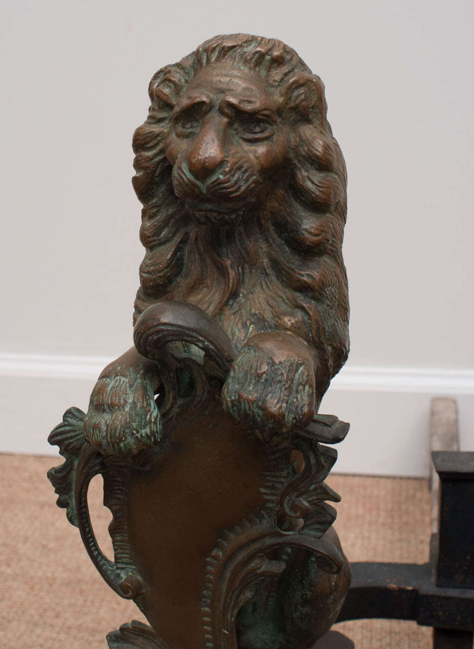 Renaissance Revival Nineteenth Century Bronze Lion Andirons For Sale