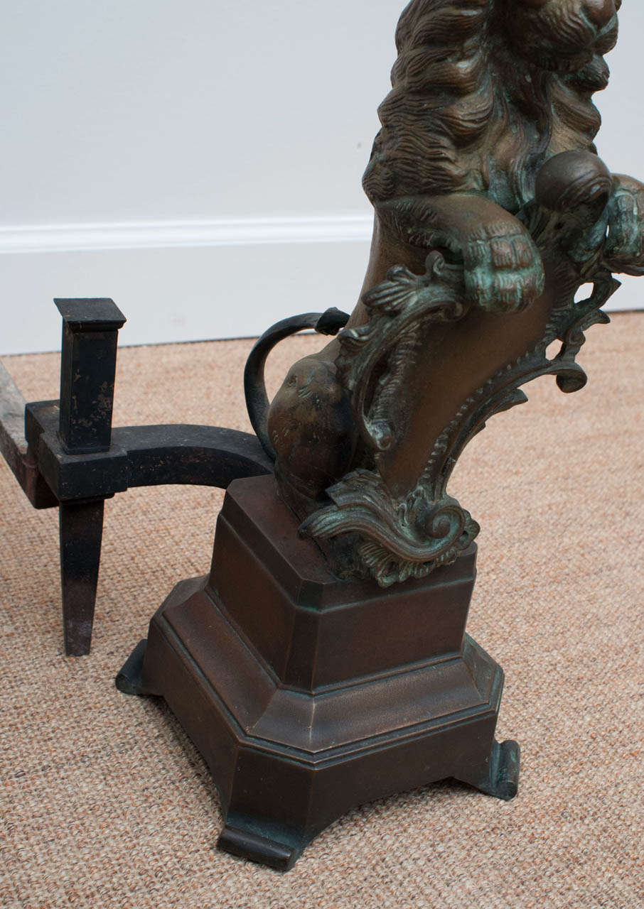Unknown Nineteenth Century Bronze Lion Andirons For Sale