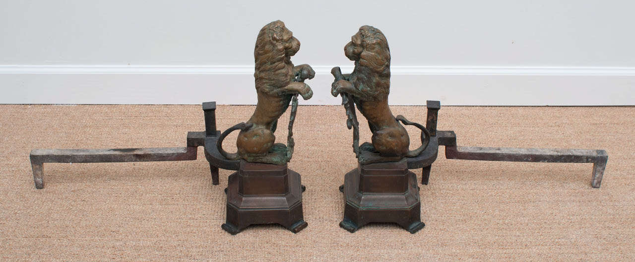 Nineteenth Century Bronze Lion Andirons In Excellent Condition For Sale In Kensington, MD