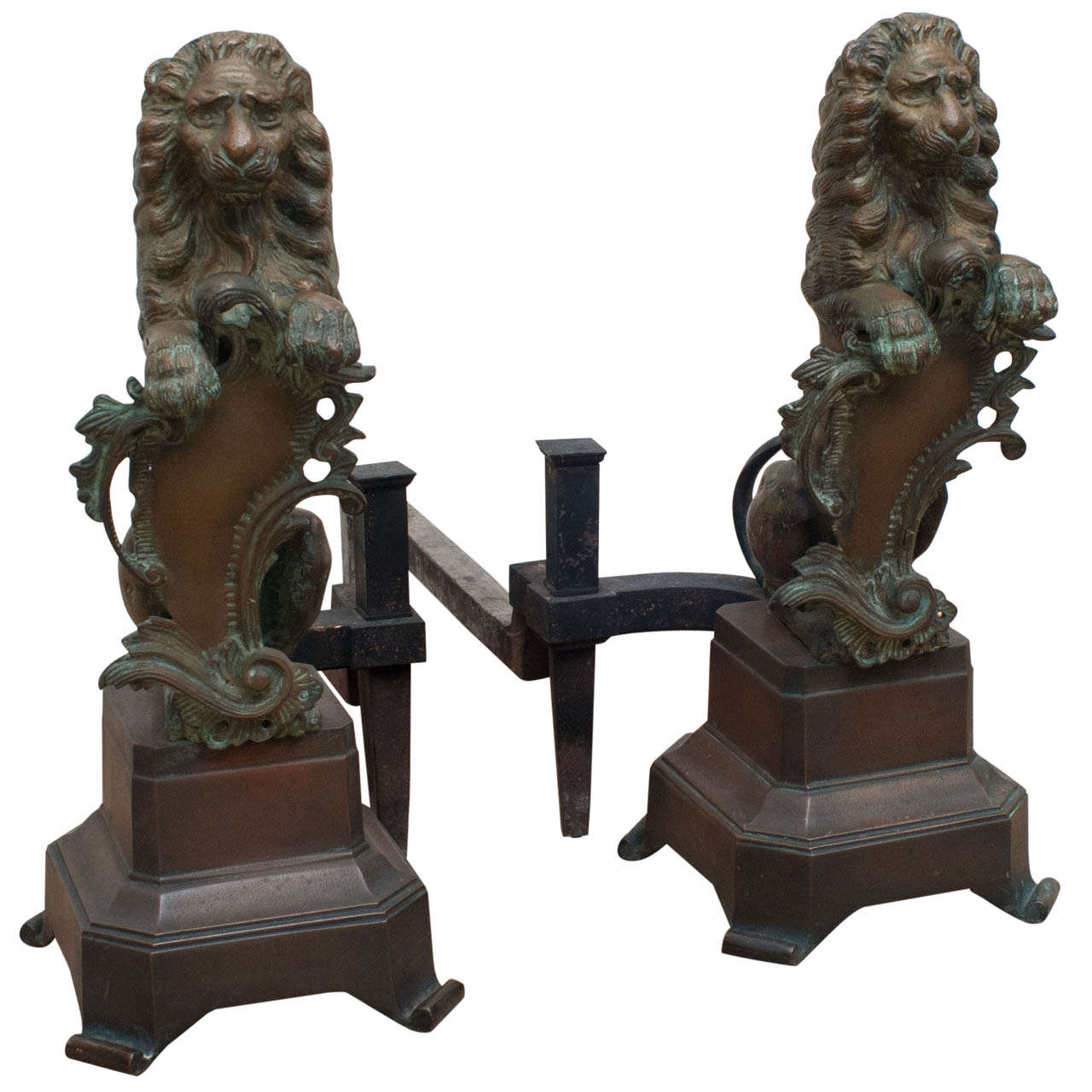Nineteenth Century Bronze Lion Andirons For Sale