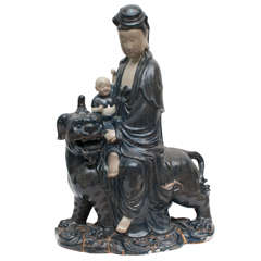 Chinese Ceramic Guanyin And Foo Lion Circa 1900