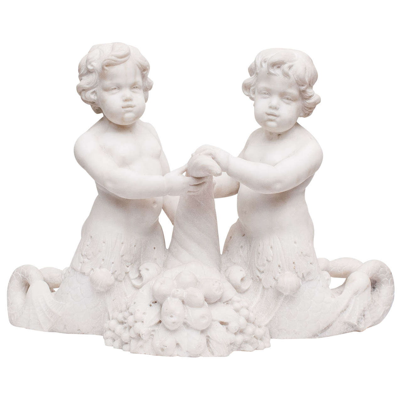 Italian Carved Carrera Marble Dolphin-Tailed Cherubs For Sale
