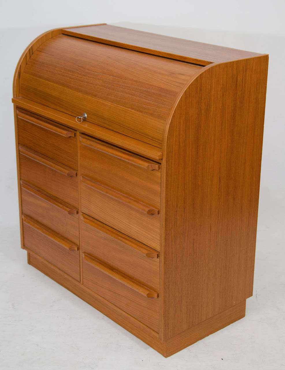 Attractive modern roll top secretary with a pull-out desk surface and small drawers and slots for organization. Please contact for location. 