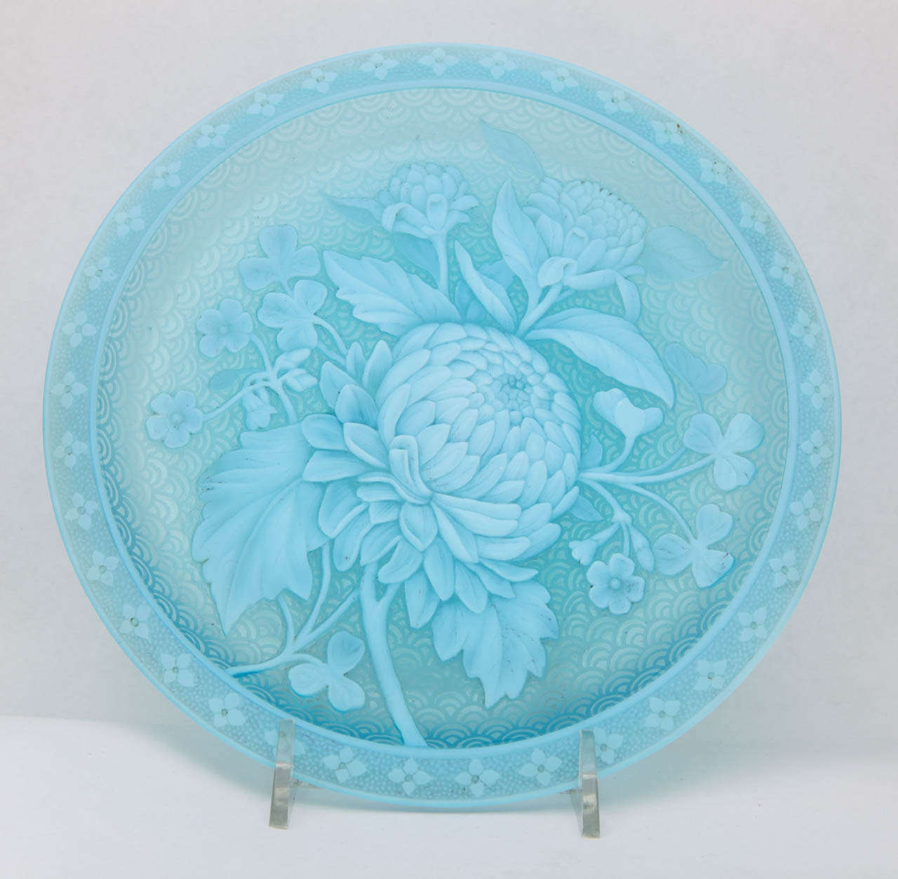A rare unmarked Thomas Webb & Sons blue and white cameo glass plate decorated with chrysanthemums, acid cut background