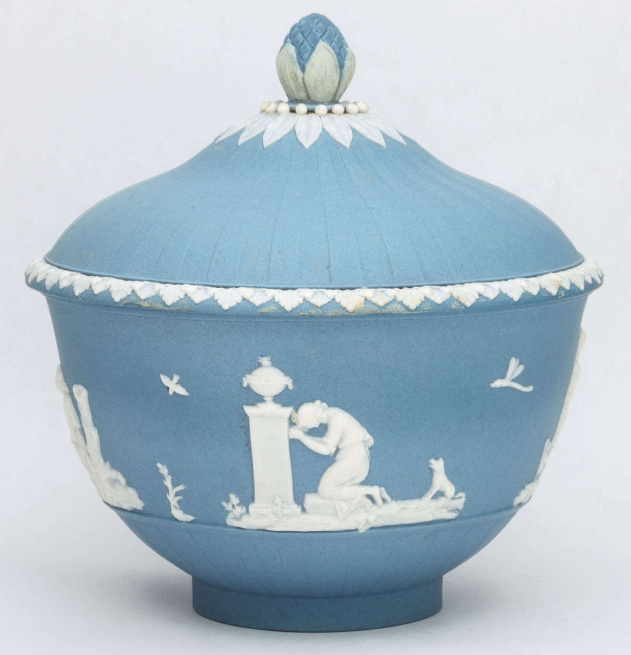 A rare signed Turner jasper covered sugar bowl with Lady Templetown subjects in relief