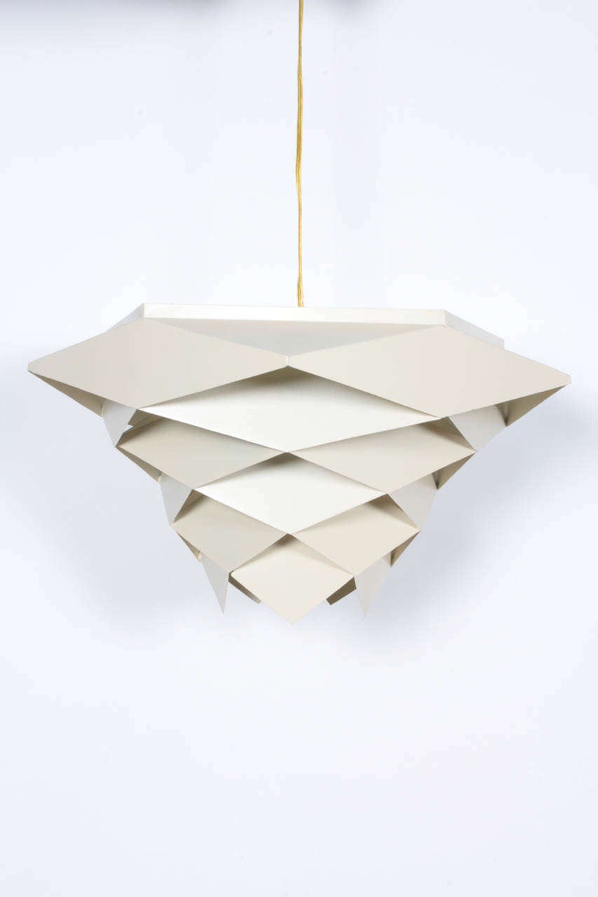 Geometric metal light fixture in off-white.  USA, circa 1990.  UL listed.  Takes one candelabra base U.S. bulb; 75 watts max.  May be used as flush mount or pendant.