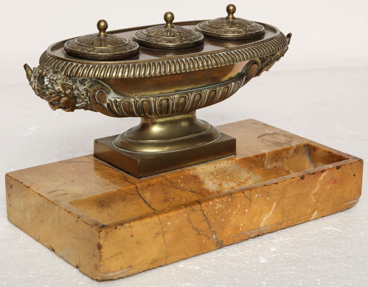 19th Century French, Bronze and Sienna Marble Inkwell Penrest