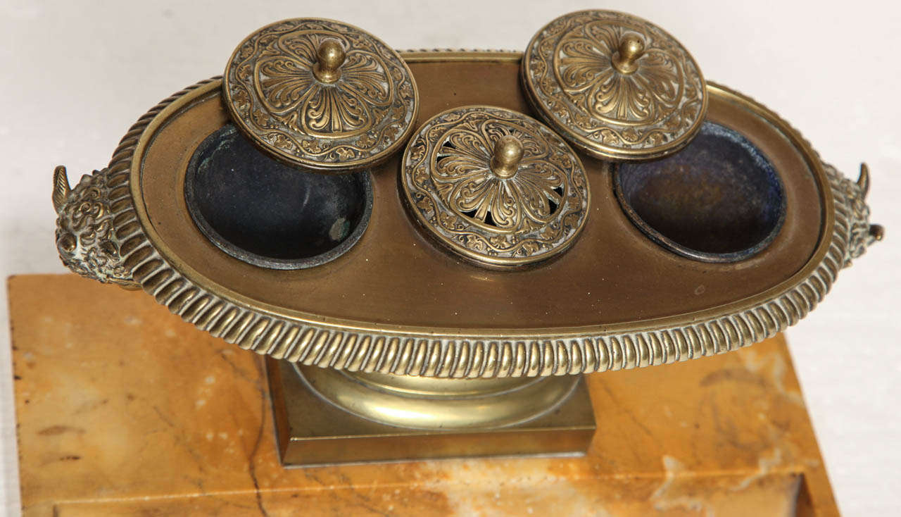 Siena Marble 19th Century French, Bronze and Marble Inkwell For Sale