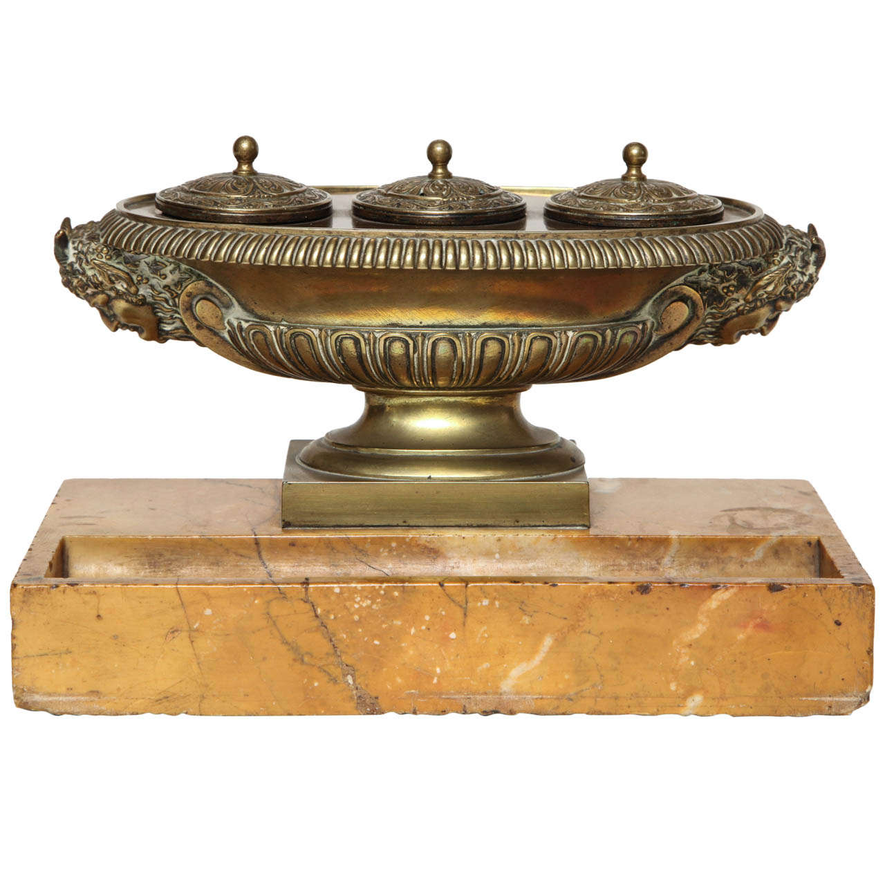 19th Century French, Bronze and Marble Inkwell For Sale