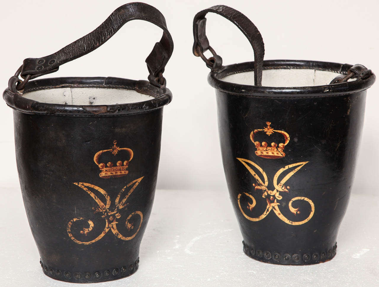 Pair of Leather Fire Buckets from Dromoland Castle with the Inchquin Crest, Ex Collection of the Family, circa 1850