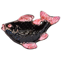 Vallauris Vintage Pottery Ceramic Black & Pink Fish Plate   