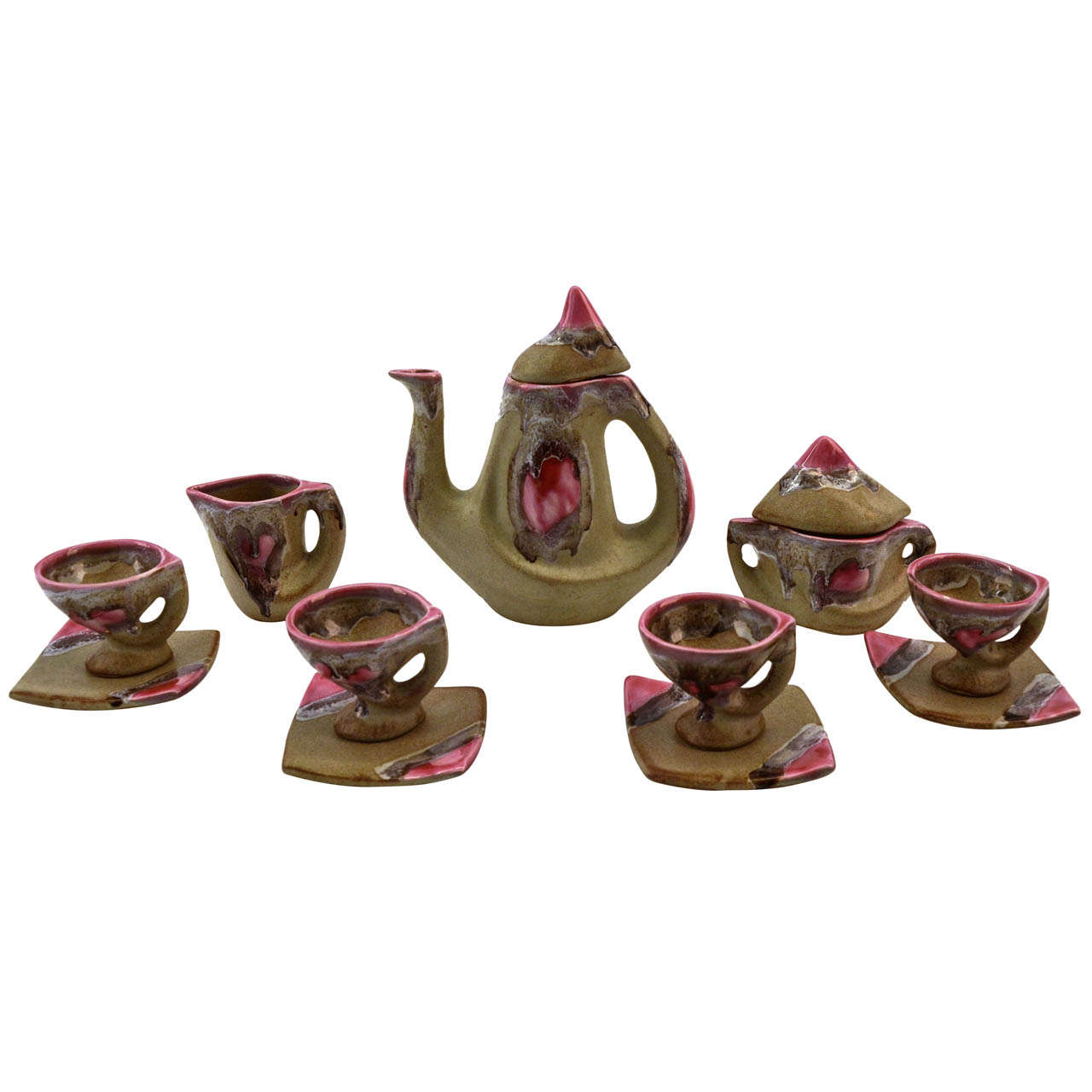 1960s Vintage Vallauris Pottery Ceramic Seven Pieces Beige & Pink Coffee Set  For Sale