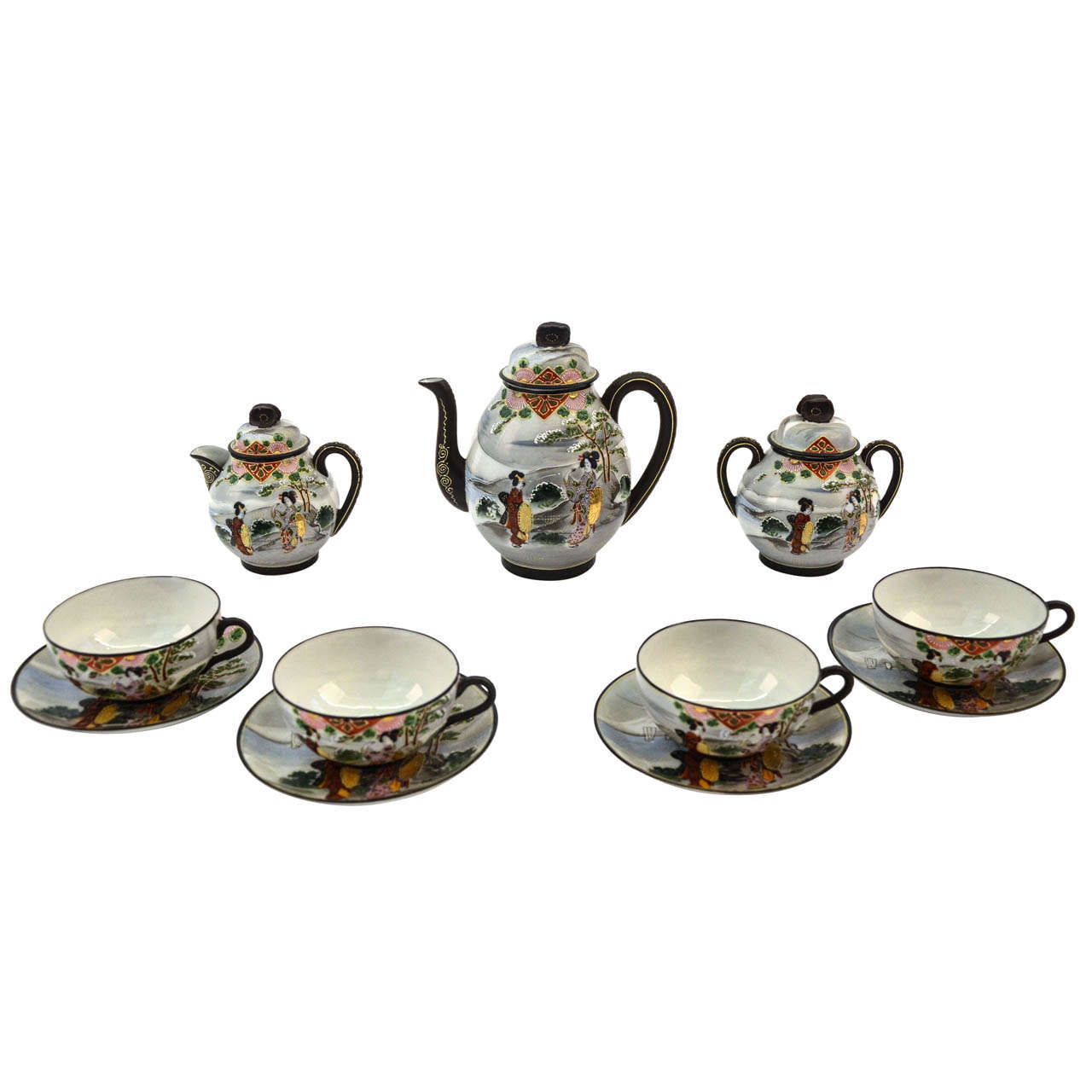 Early 20th Century Colourful Japanese Tea Set 7 Pieces 