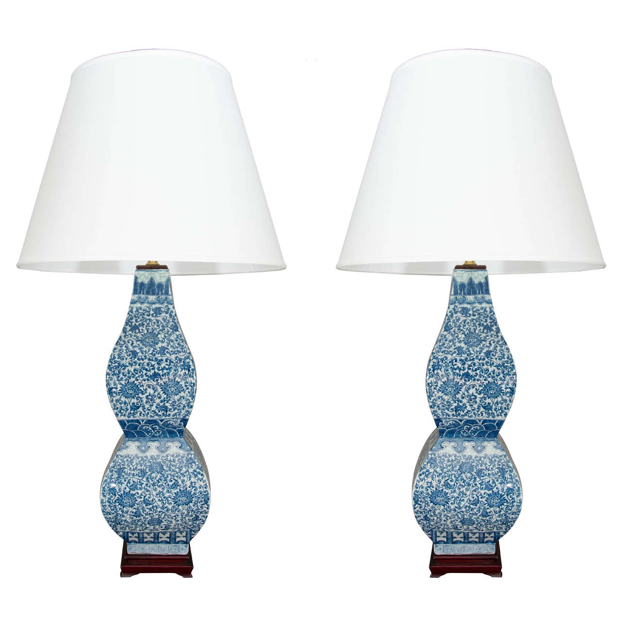 Pair of Blue and White Chinese Double Gourd Lamps