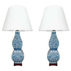 Pair of Blue and White Chinese Double Gourd Lamps