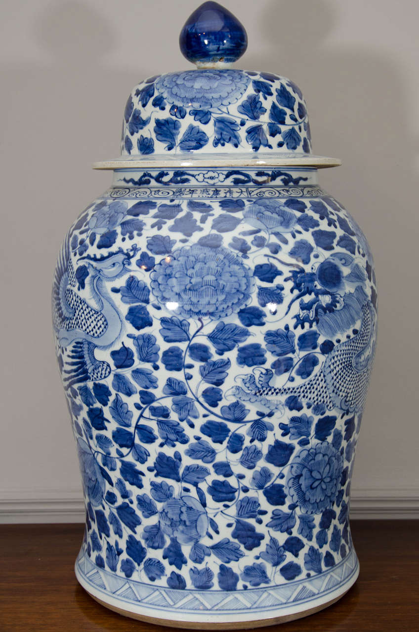 20th Century Pair of Blue and White Temple Jars