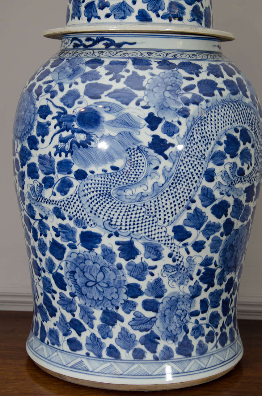 Porcelain Pair of Blue and White Temple Jars