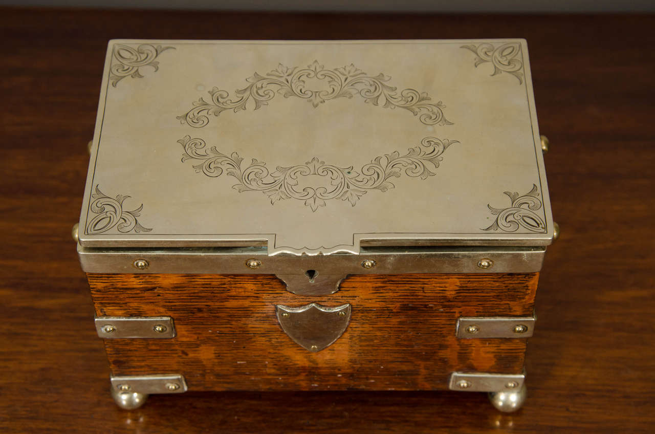 19th Century Silver Bound Oak Tea Caddy