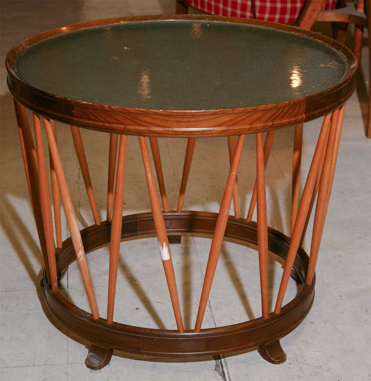 Coffee or side table in drum form with frosted glass top.  Danish mid-century modern
