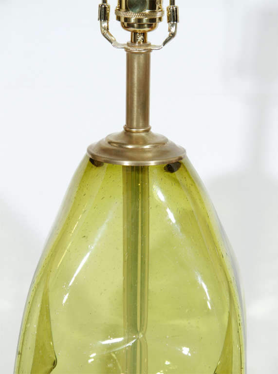 Pair of Citrus Green Glass Lamps by Blenko 5