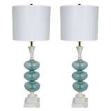 Pair of Sky Blue Murano Glass and Marble Lamps by Barovier