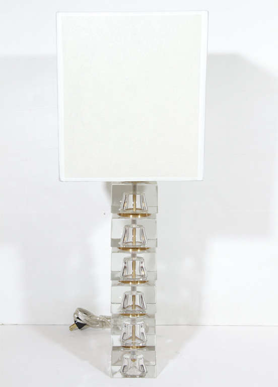 Pair of Orrefors Crystal Block and Brass Lamps