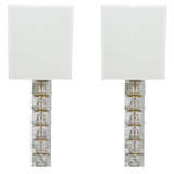Pair of Orrefors Crystal Block and Brass Lamps