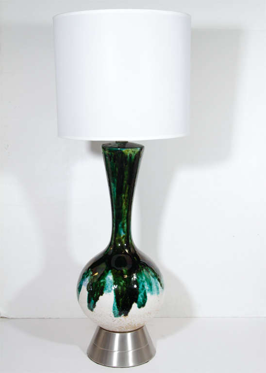 Pair of Italian Midnight Blue & Green Drip Glazed Lamps