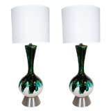 Pair of Italian Midnight Blue & Green Drip Glazed Lamps