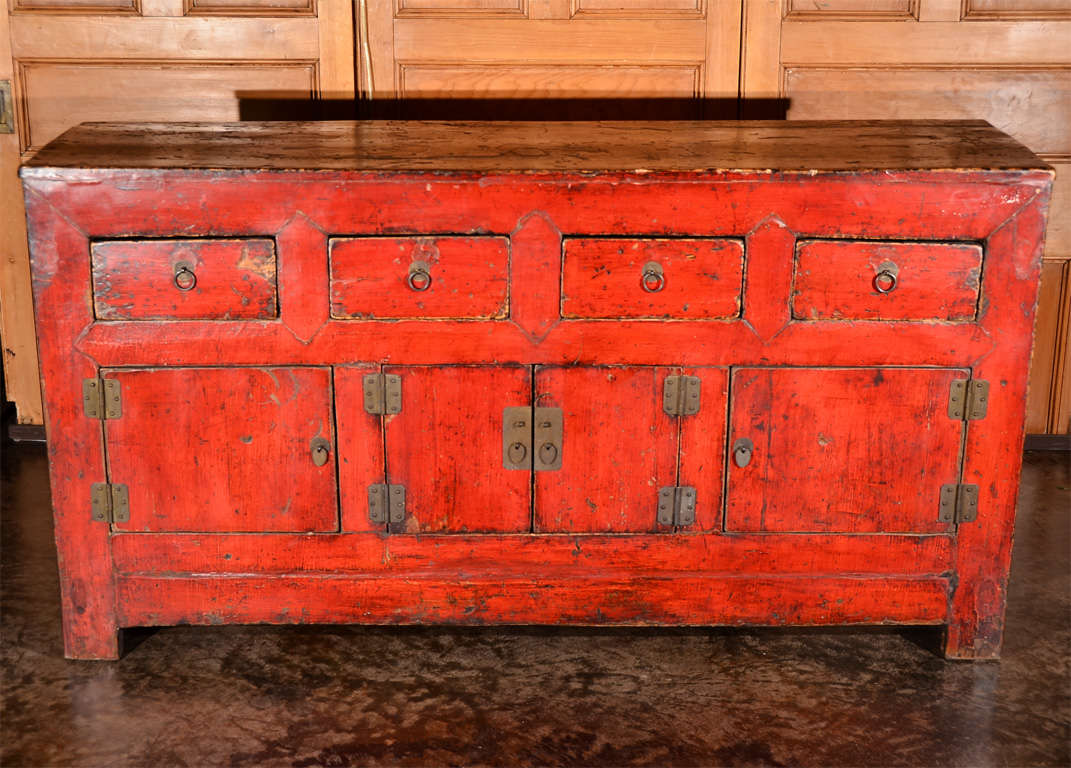 Antique Elm Four Drawer Server in Original Deep Red Painted Patina.
