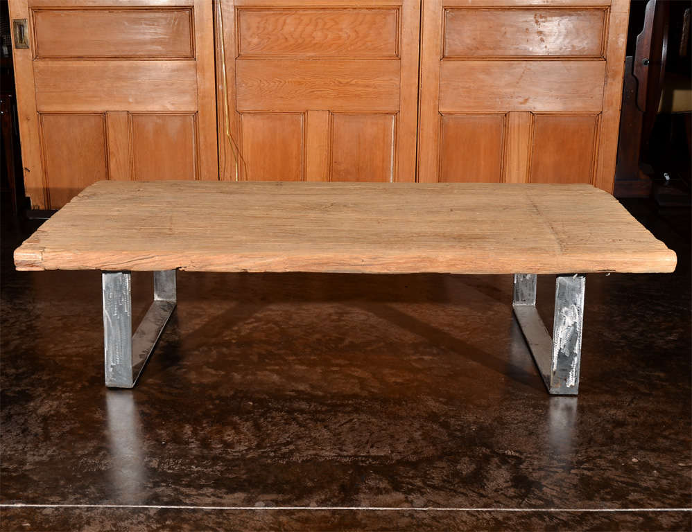 Primitive Elm Top Coffee Table on Transitional Iron Base