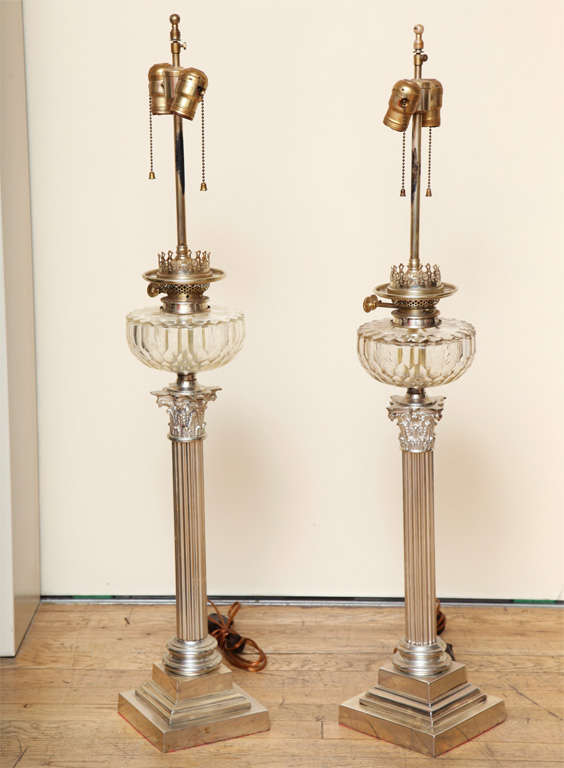A Pair of Silver-Plated Bronze Fluted Column Lamps