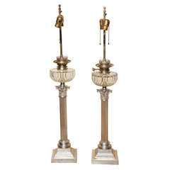 Antique A Pair of Silver-Plated Bronze Fluted Column Lamps