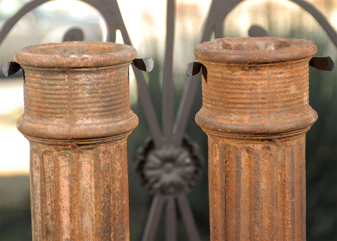 French Pair of  Cast  Iron Downspouts with Iron Bases