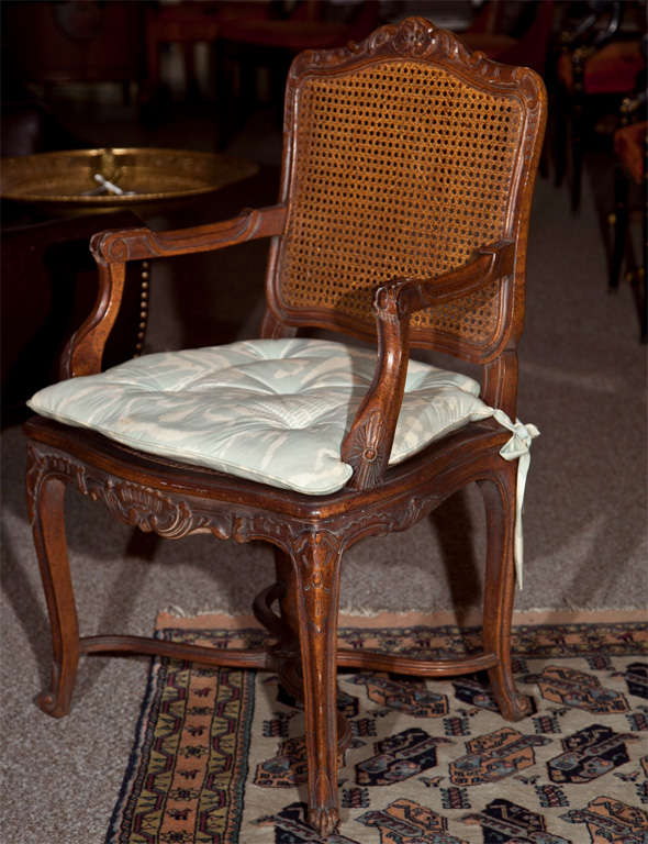 Fabric Pair of French Provincial Caned Armchairs