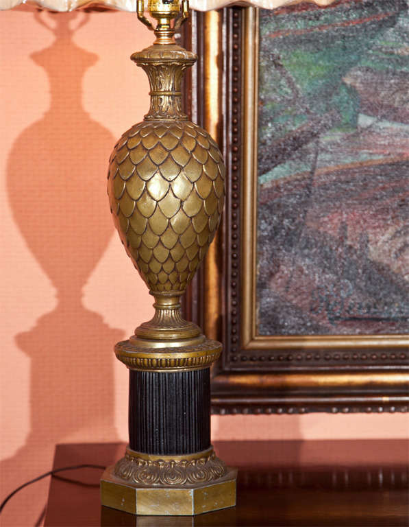 French Pair of Bronze Pineapple Urn Form Table Lamps On Black Fluted Pedestal Base