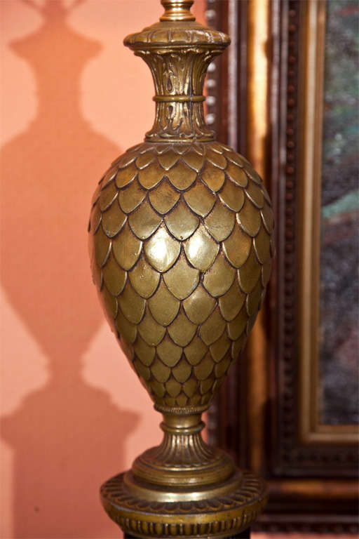 Mid-20th Century Pair of Bronze Pineapple Urn Form Table Lamps On Black Fluted Pedestal Base