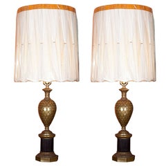 Pair of Bronze Pineapple Urn Form Table Lamps On Black Fluted Pedestal Base