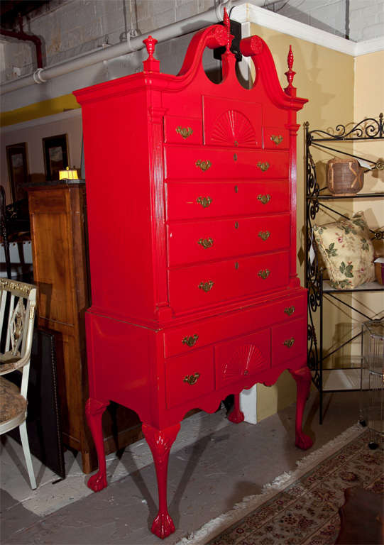 Red painted English Georgian style Highboy, possibly 2nd quarter of 20th century.