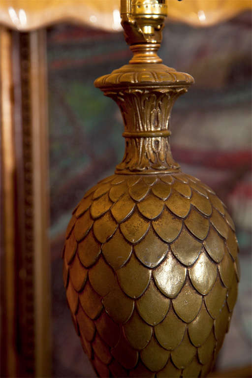 Pair of Bronze Pineapple Urn Form Table Lamps On Black Fluted Pedestal