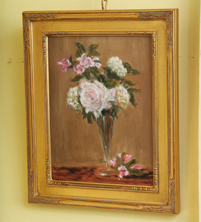 "Still life pink & white flowers in a glass vase"