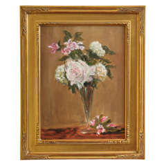 "Still life pink & white flowers in a glass vase"