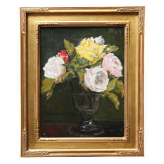 Still Life  "Yellow & Pink roses in a glass vase"