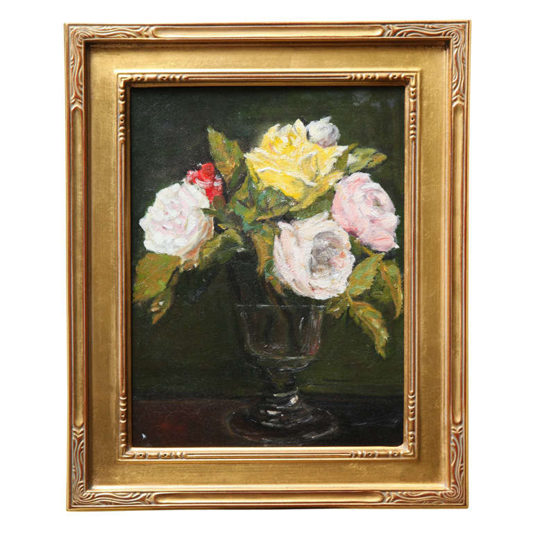 Still Life  "Yellow & Pink roses in a glass vase" For Sale