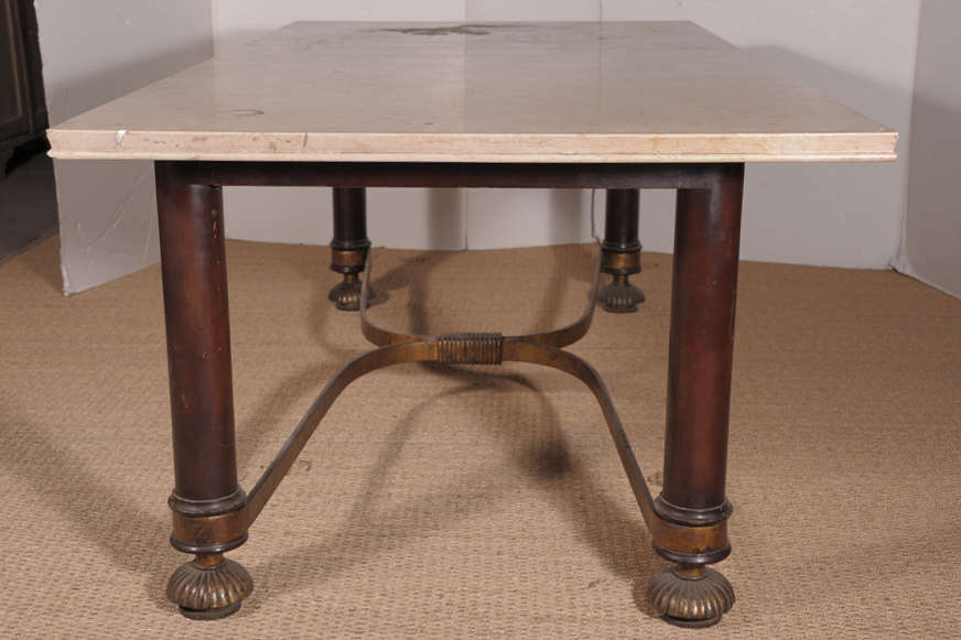 Mid-20th Century 1940s French Iron Wood Brass And Marble Table After Gilbert Pollerat