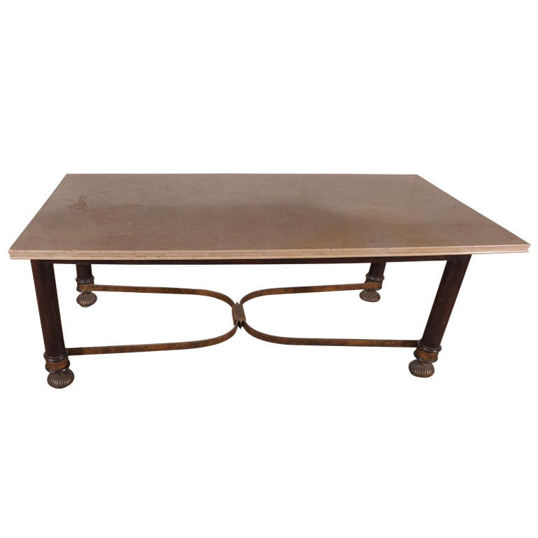 1940s French Iron Wood Brass And Marble Table After Gilbert Pollerat