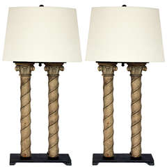 Antique Pair of Carved Wood Column Lamps
