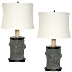 Pair of Carved Limestone Tree Trunk Lamps