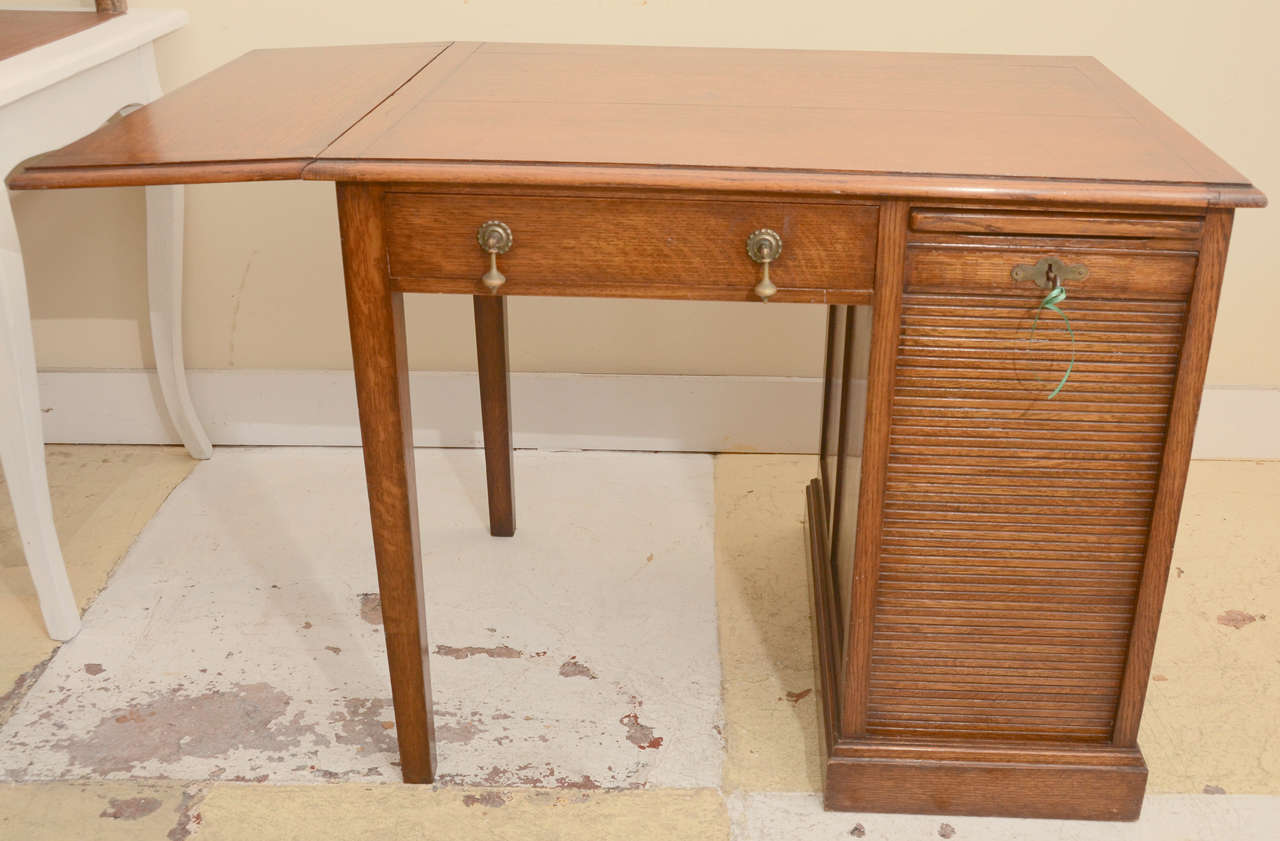 Edwardian English Drop Leaf Desk With Typing Slide& Tambour Covered Drawers